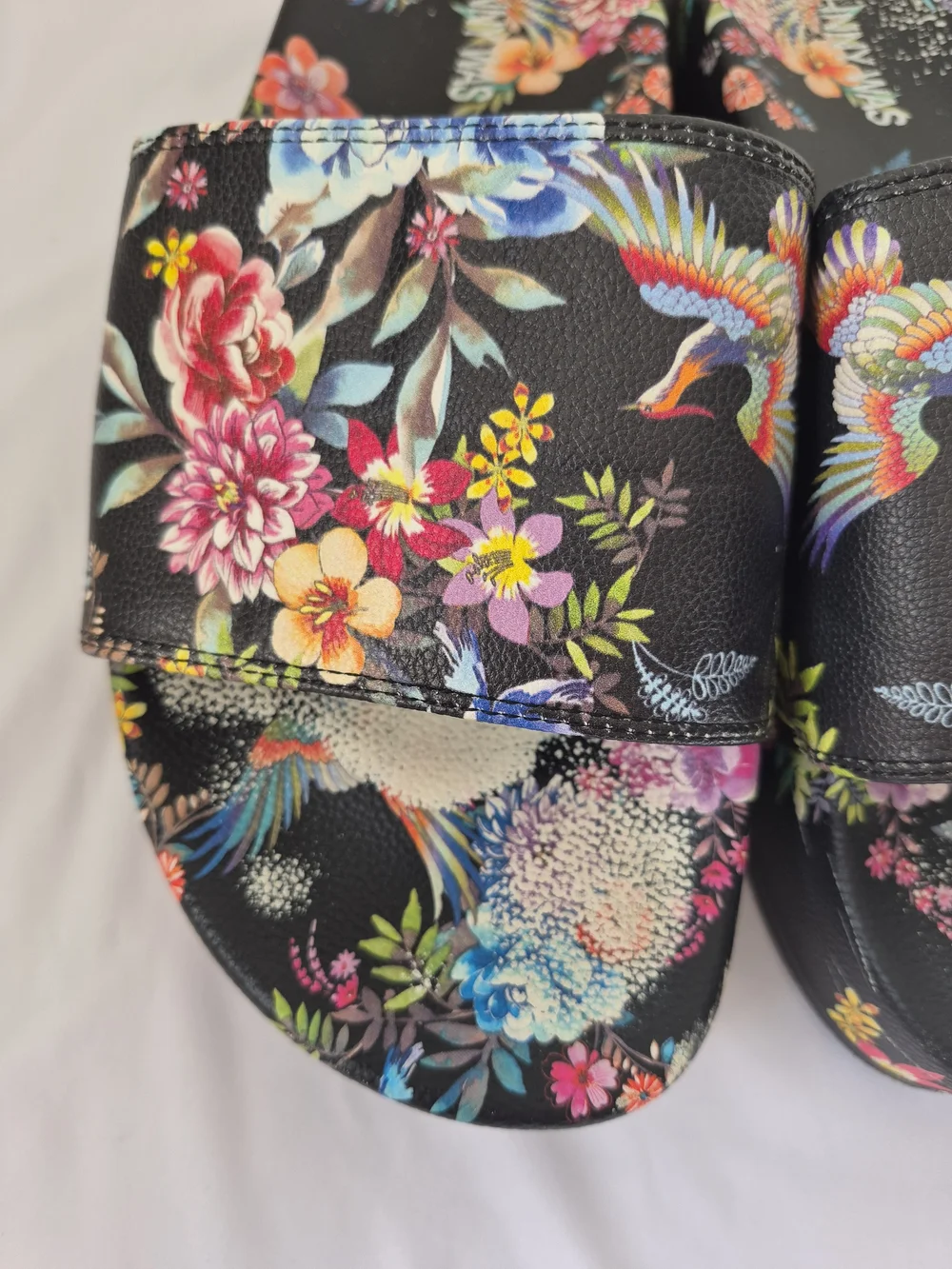 Johnny Was Floral Bird Print Black Slide Sandals 8 - Picture 3 of 8